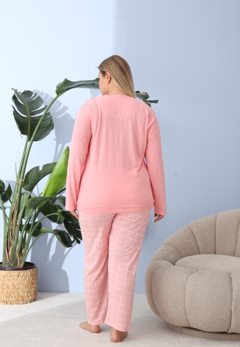 Pijama Dama ,Big Size ,'HAPPY SATURDAY cu Pantloni si Maneca lunga, Culoare Coral ,Engros